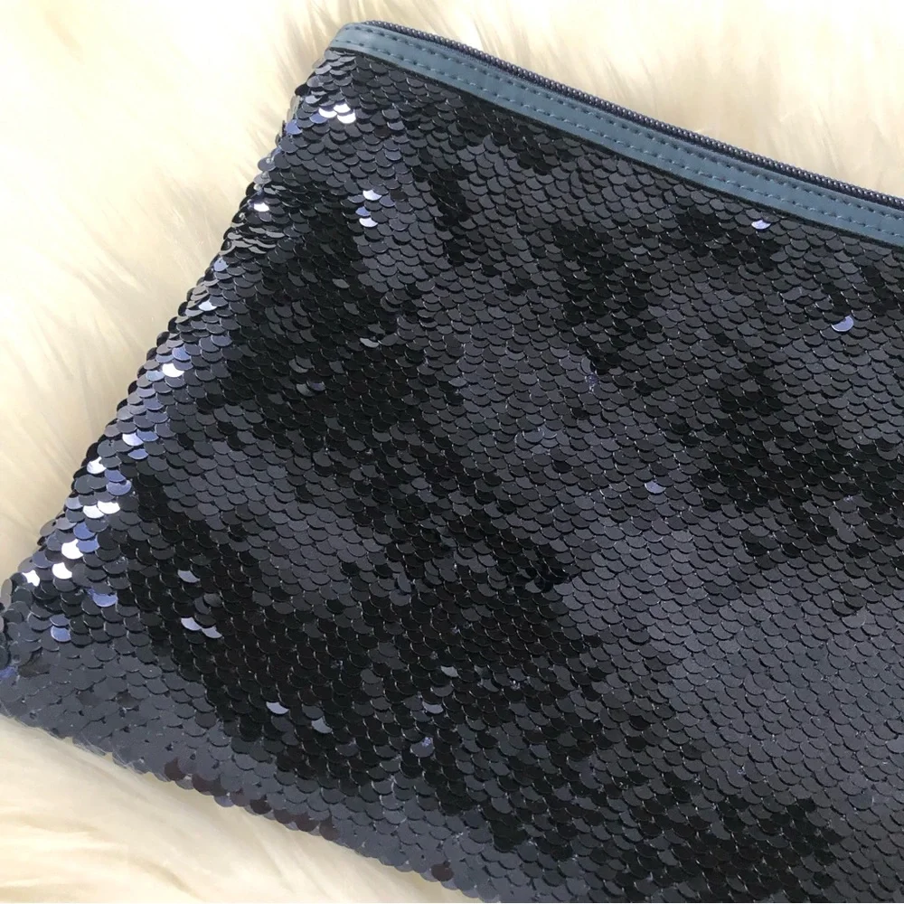 Navy Sequin Makeup Pouch with Pompom